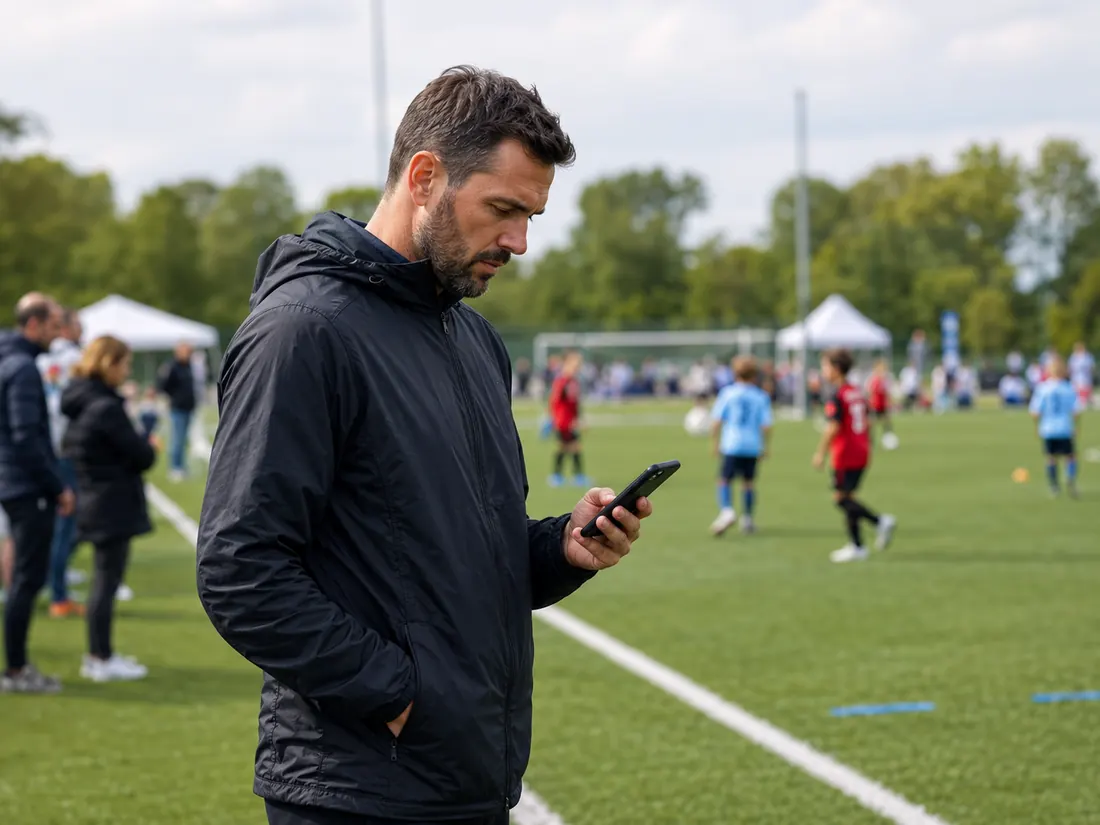 Trener sprawdza telefon przy linii bocznej podczas turnieju juniorów